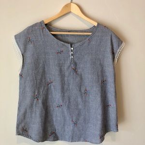 Grey/White Striped Embroidered Top